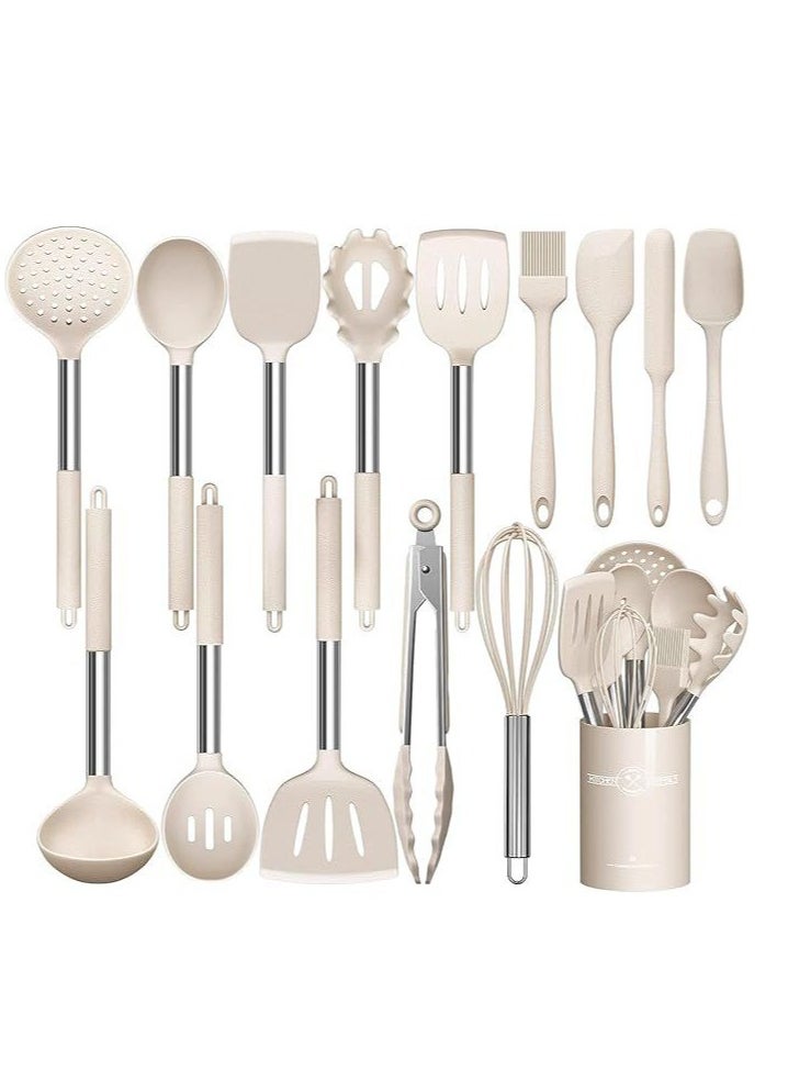 Chef Silicone Cooking Utensil Set, 15pcs Silicone Cooking Kitchen Utensils Set, Non-stick - Best Kitchen Cookware with Stainless Steel Handle, (White Marble)