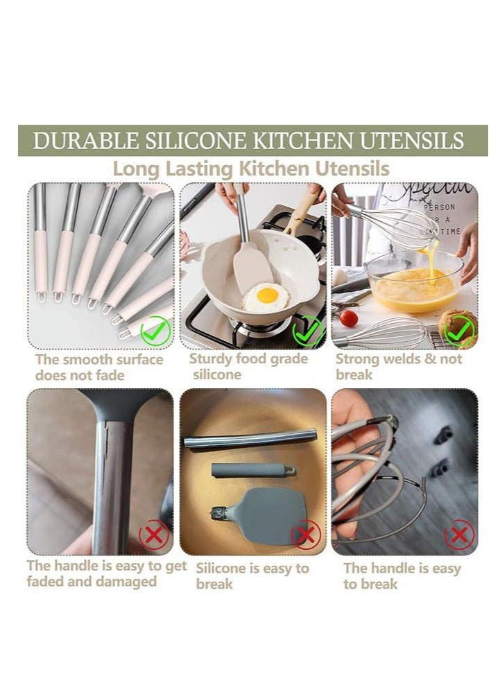 Chef Silicone Cooking Utensil Set, 15pcs Silicone Cooking Kitchen Utensils Set, Non-stick - Best Kitchen Cookware with Stainless Steel Handle, (White Marble)