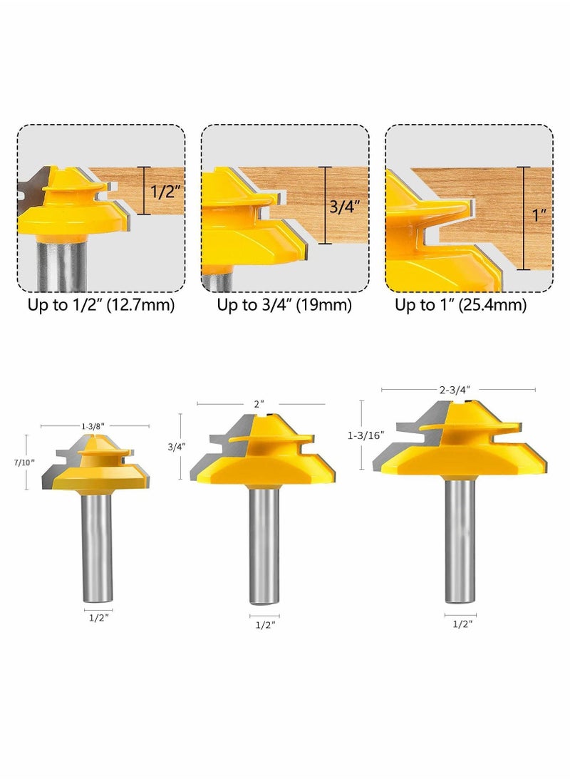 45 Degree Lock Miter Router Bit, for 1/2in, 1in Cutting Height, 1/2 Inch Shank, Easy to Create Joint, 3 pcs Set