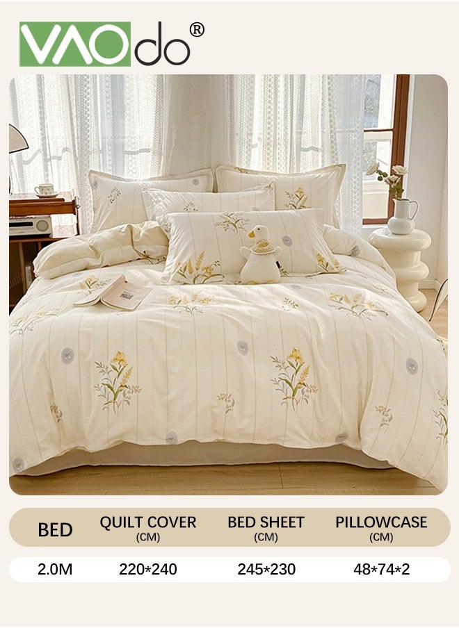 4PCS Bedding Set King Size 100% Cotton Comforter Set Skin-Friendly Breathable Duvet Cover Set 2.0M Bed 220*240CM