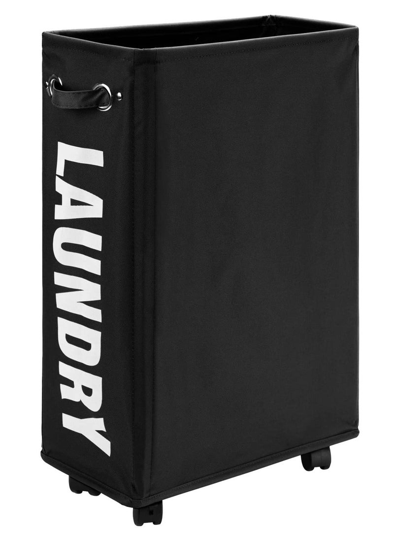 25-Inches Slim Laundry Basket on Wheels, Collapsible Rolling Laundry Hamper, Foldable Narrow Corner Clothes Storage Bins, Black