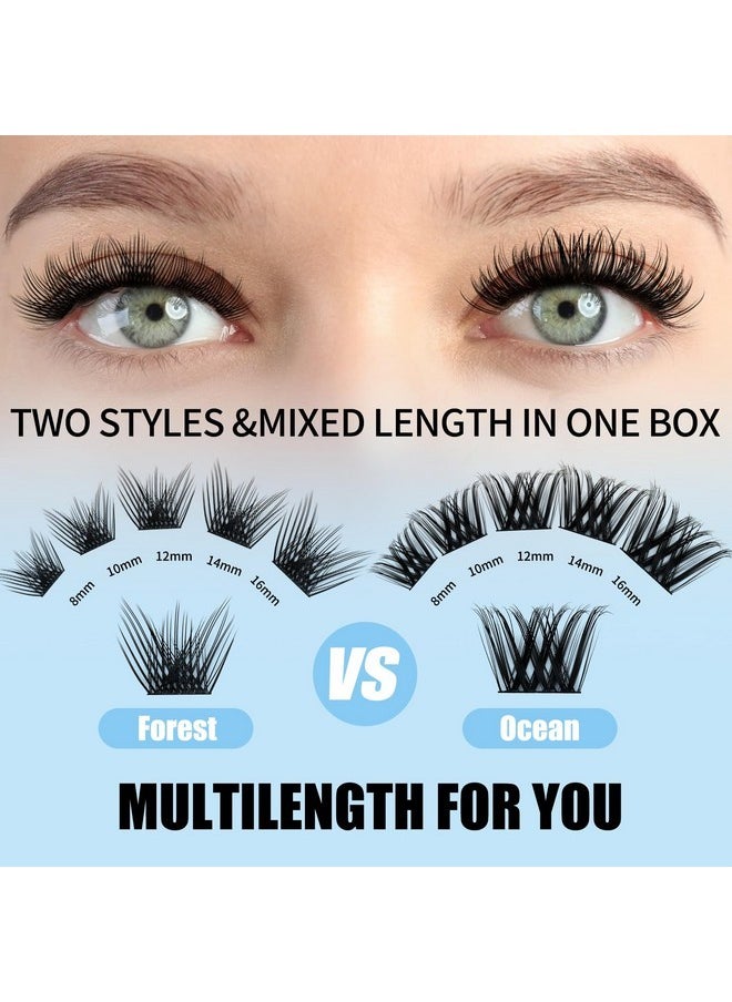 Lashes Gemerry Lash Clusters Fluffy Individual Lashes Two Styles Eyelash Clusters Wide Stem Soft Wispy Eyelash Extension Clusters Diy At Home(Forest/Ocean-0.07-D-8-16Mix)