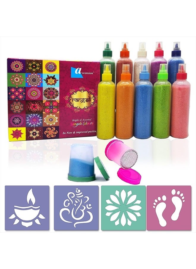 Ascension 10 Rangoli Powder Colors Bottles 4 Stencils and 2 Fillers Design Creativity Diwali Decoration Item Floor Rangoli Art Colours Rangoli Color Powder Rang for Navratri Pongal Pooja Mandir Decor