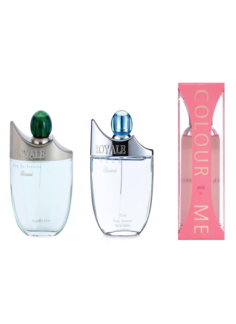 Pack Of 3 Rasasi royale blue edp royale edt and colour me pink fragrance combo set 250ml