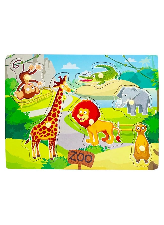 Wooden Peg Baby Puzzles Full Color Pictures Animal Shape Chunky Puzzle Jumbo Knob Zoo Puzzle For Toddlers 18 Months And Up 6Pieces