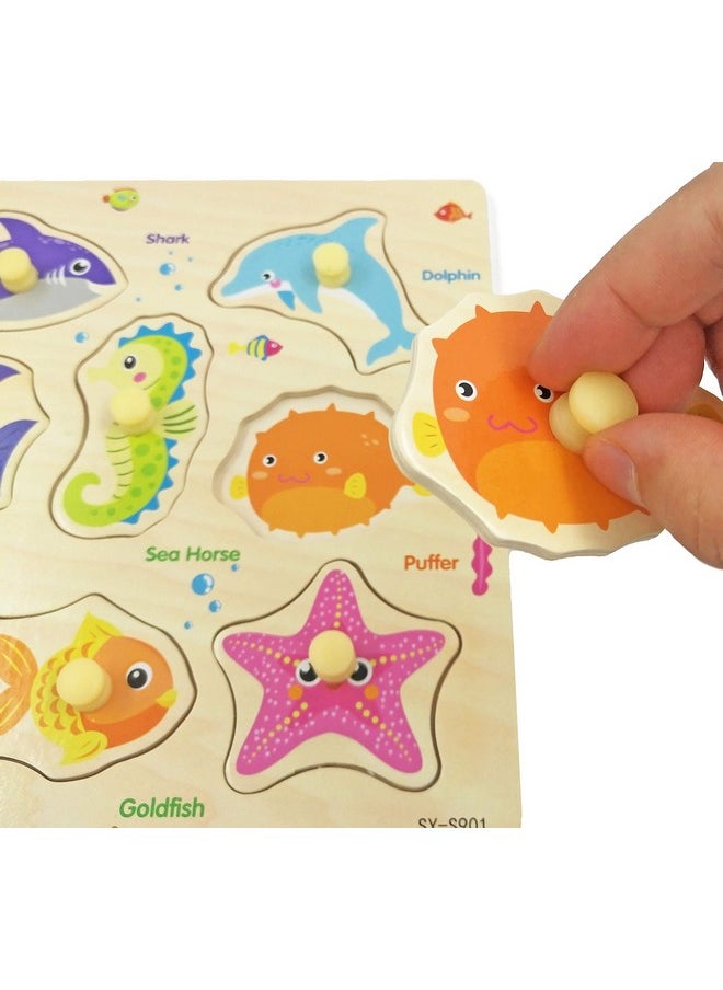 Wooden Peg Puzzle Sea Creature Chunky Baby Puzzles Colorful Wood Shape Puzzle Peg Board Animal Knob Puzzle For Educational Toddlers 18 Months And Up 11 Pieces