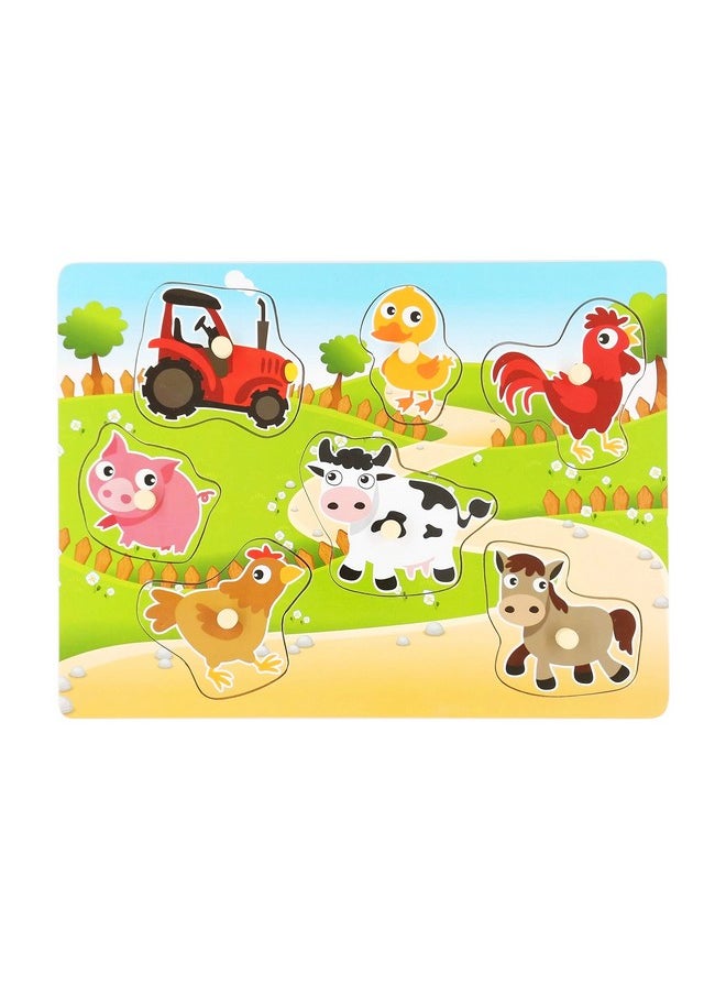 Wooden Puzzles Farm Chunky Baby Puzzles Peg Board Full Color Pictures For Preschool Educational Jigsaw Puzzles 7Pieces