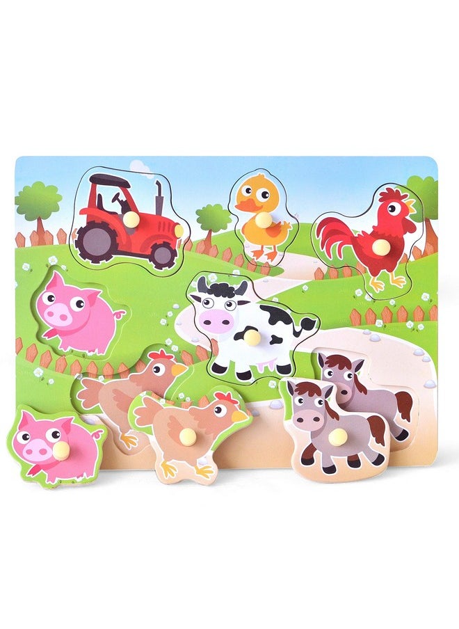 Wooden Puzzles Farm Chunky Baby Puzzles Peg Board Full Color Pictures For Preschool Educational Jigsaw Puzzles 7Pieces