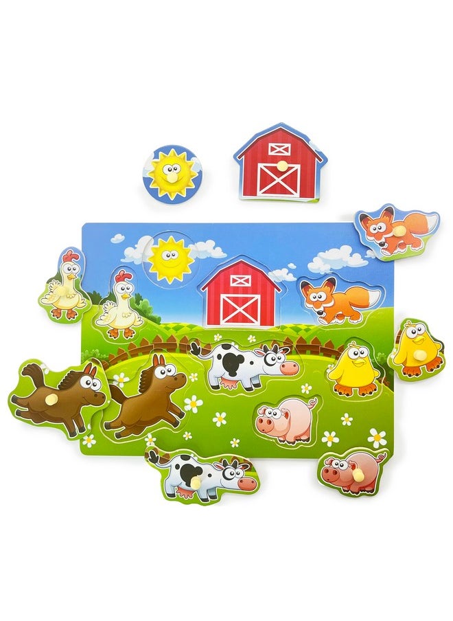 Wooden Peg Puzzle Farm Chunky Baby Puzzles Full Color Pictures Wood Shape Puzzle Peg Board Animal Knob Puzzle For Educational Toddlers 18Months And Up 8 Pieces