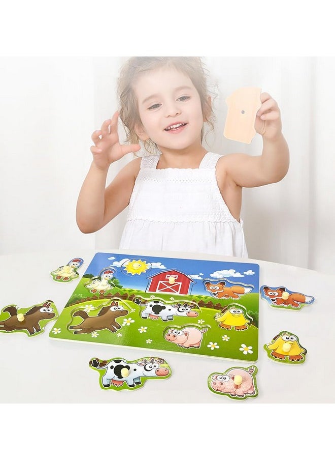 Wooden Peg Puzzle Farm Chunky Baby Puzzles Full Color Pictures Wood Shape Puzzle Peg Board Animal Knob Puzzle For Educational Toddlers 18Months And Up 8 Pieces