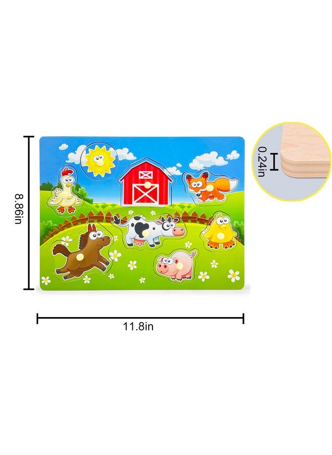 Wooden Peg Puzzle Farm Chunky Baby Puzzles Full Color Pictures Wood Shape Puzzle Peg Board Animal Knob Puzzle For Educational Toddlers 18Months And Up 8 Pieces