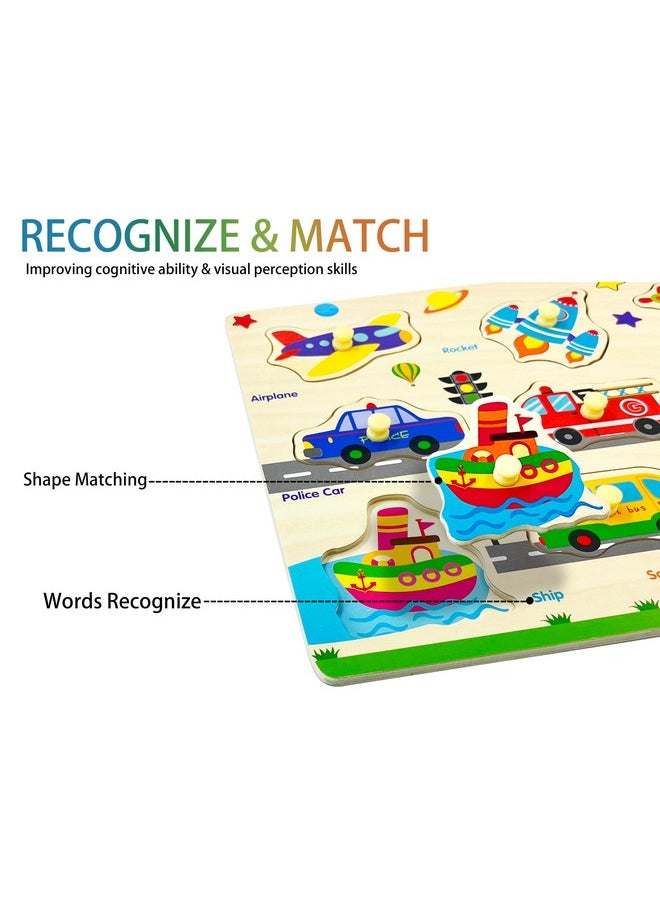 Wooden Puzzles Vehicles & Traffic Tools Chunky Baby Puzzles Peg Board For Preschool Educational Jigsaw Puzzles, 9 Pieces