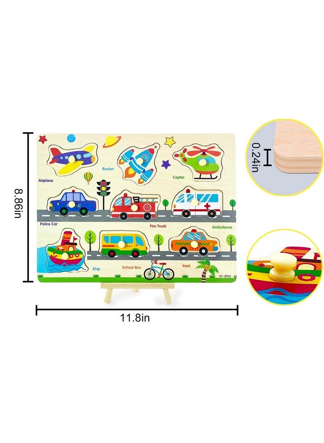 Wooden Puzzles Vehicles & Traffic Tools Chunky Baby Puzzles Peg Board For Preschool Educational Jigsaw Puzzles, 9 Pieces