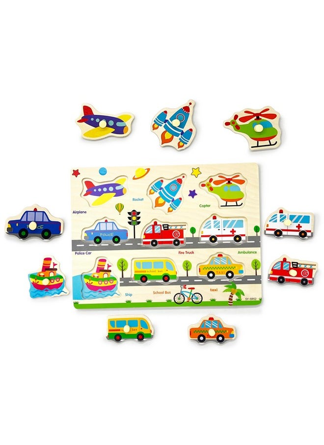 Wooden Puzzles Vehicles & Traffic Tools Chunky Baby Puzzles Peg Board For Preschool Educational Jigsaw Puzzles, 9 Pieces