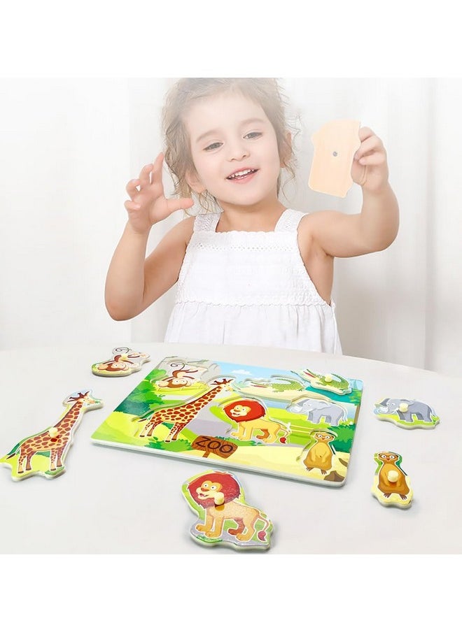 Wooden Peg Baby Puzzles, Full Color Pictures Animal Shape Chunky Puzzle, Jumbo Knob Zoo Puzzle For Toddlers 18 Months And Up, 6Pieces