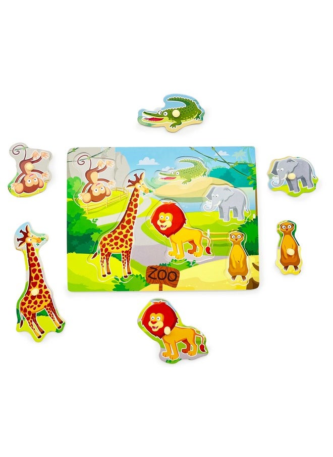 Wooden Peg Baby Puzzles, Full Color Pictures Animal Shape Chunky Puzzle, Jumbo Knob Zoo Puzzle For Toddlers 18 Months And Up, 6Pieces