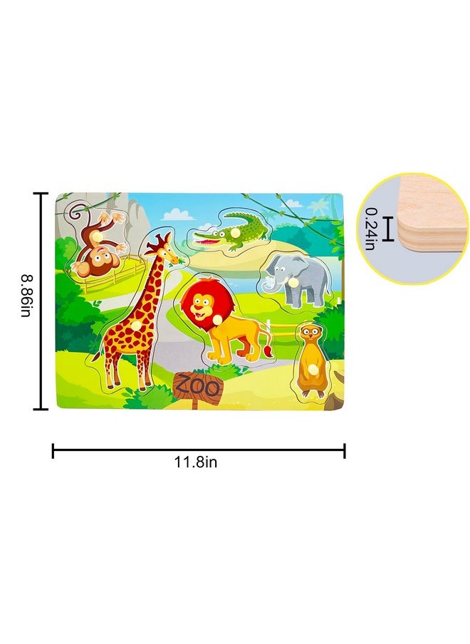 Wooden Peg Baby Puzzles, Full Color Pictures Animal Shape Chunky Puzzle, Jumbo Knob Zoo Puzzle For Toddlers 18 Months And Up, 6Pieces