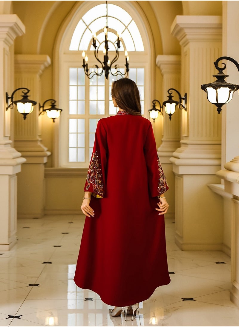 Abaya Rope Embroidery Dress. Red.
