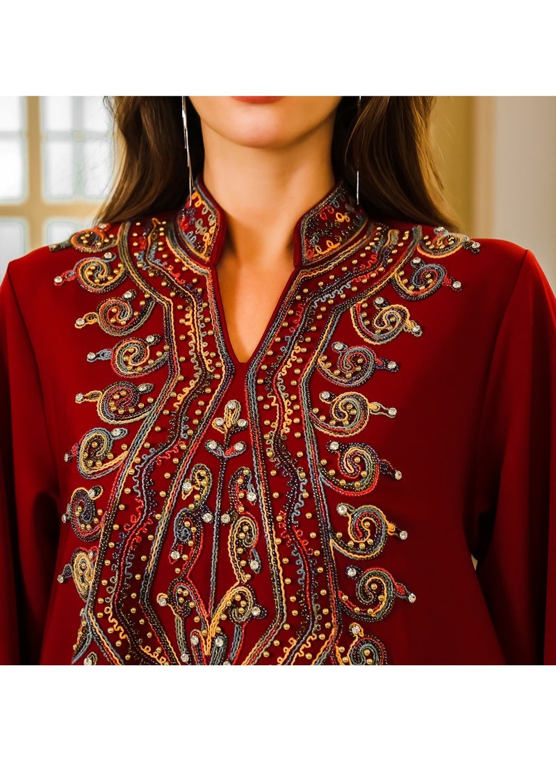Abaya Rope Embroidery Dress. Red.