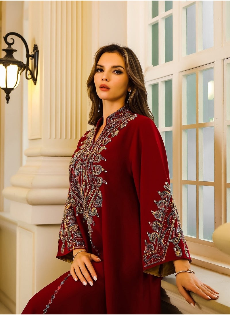 Abaya Rope Embroidery Dress. Red.