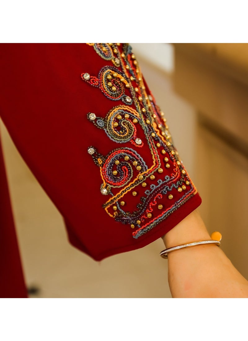 Abaya Rope Embroidery Dress. Red.