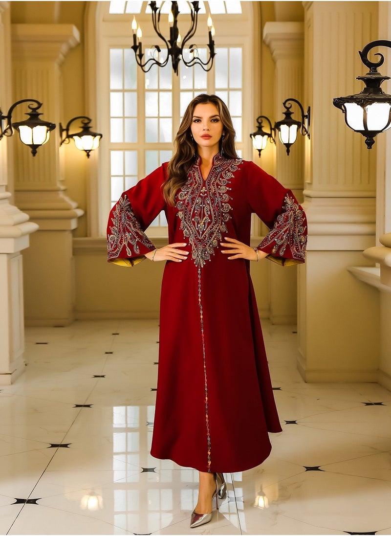 Abaya Rope Embroidery Dress. Red.