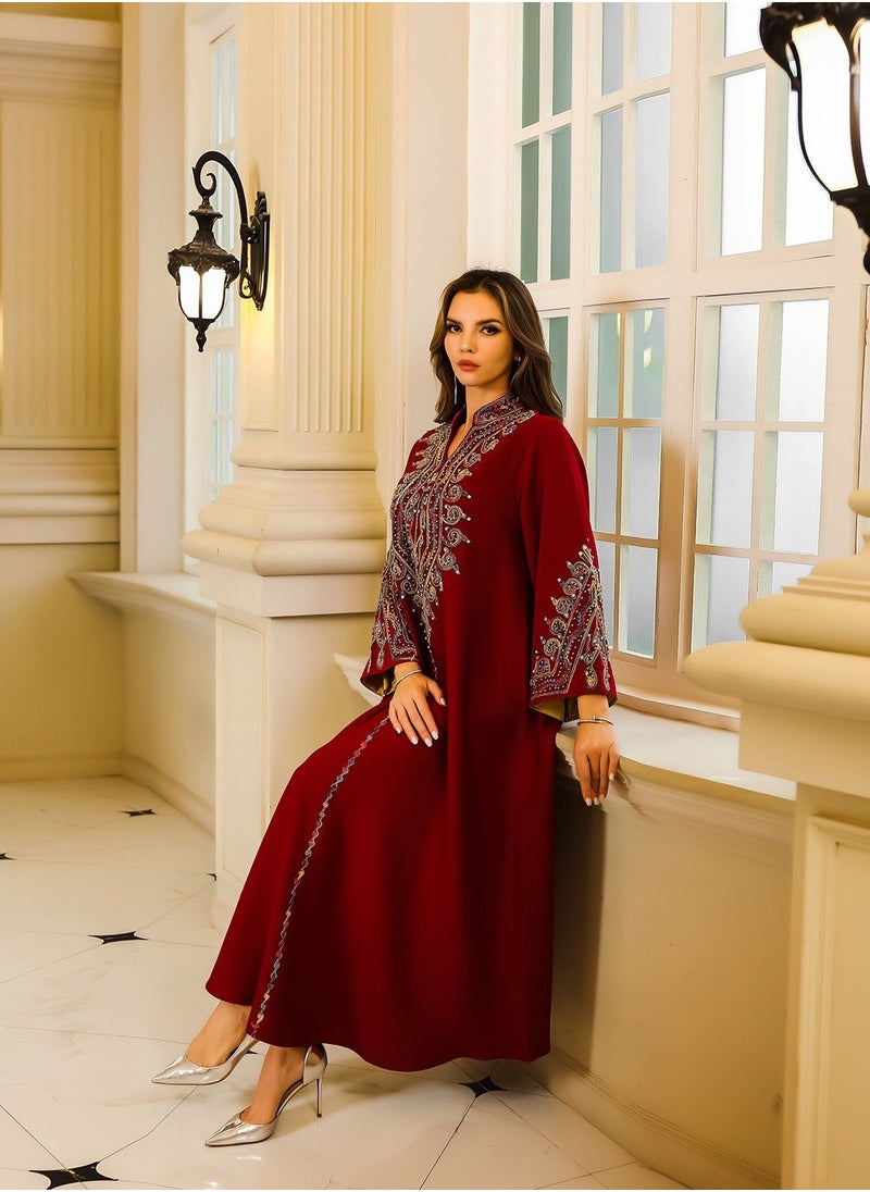 Abaya Rope Embroidery Dress. Red.