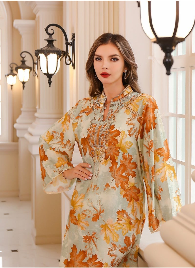 Abaya Summer Printed Robe Dress. Orange Yellow.