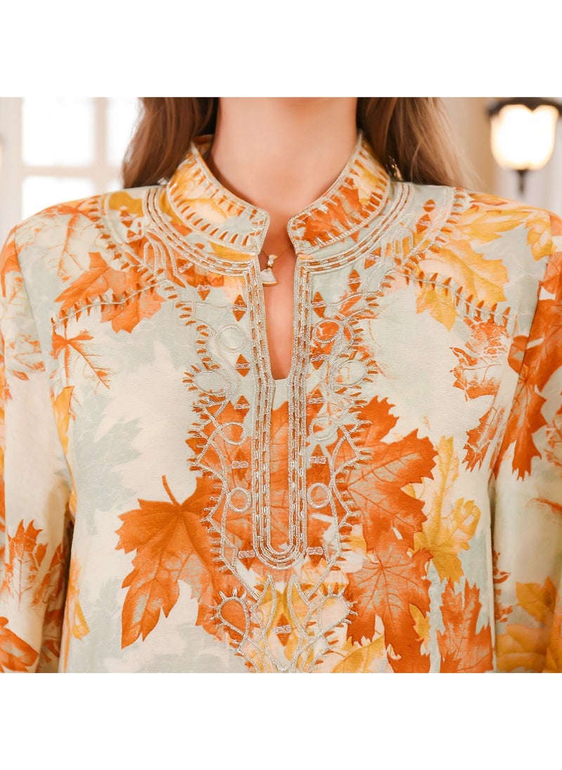 Abaya Summer Printed Robe Dress. Orange Yellow.