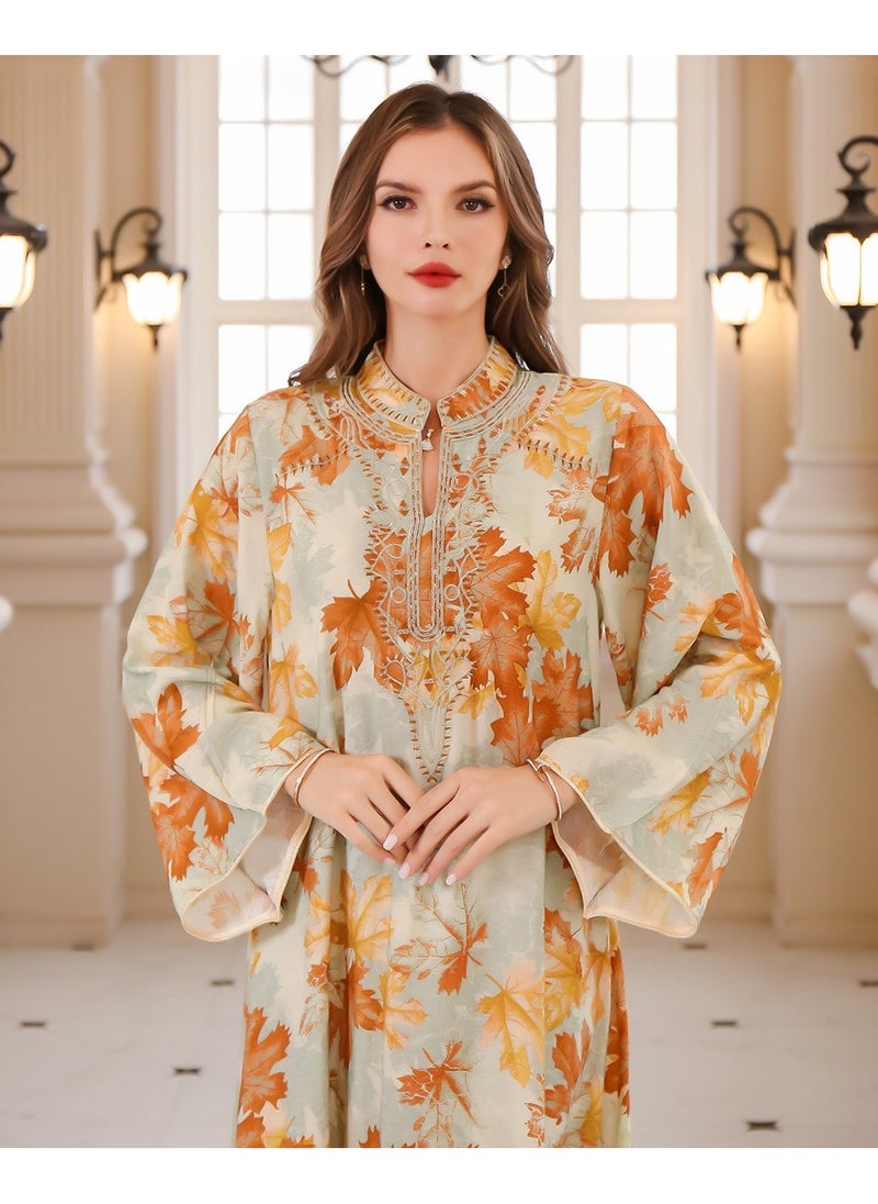 Abaya Summer Printed Robe Dress. Orange Yellow.