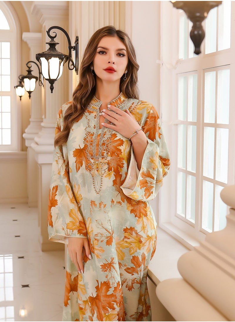 Abaya Summer Printed Robe Dress. Orange Yellow.