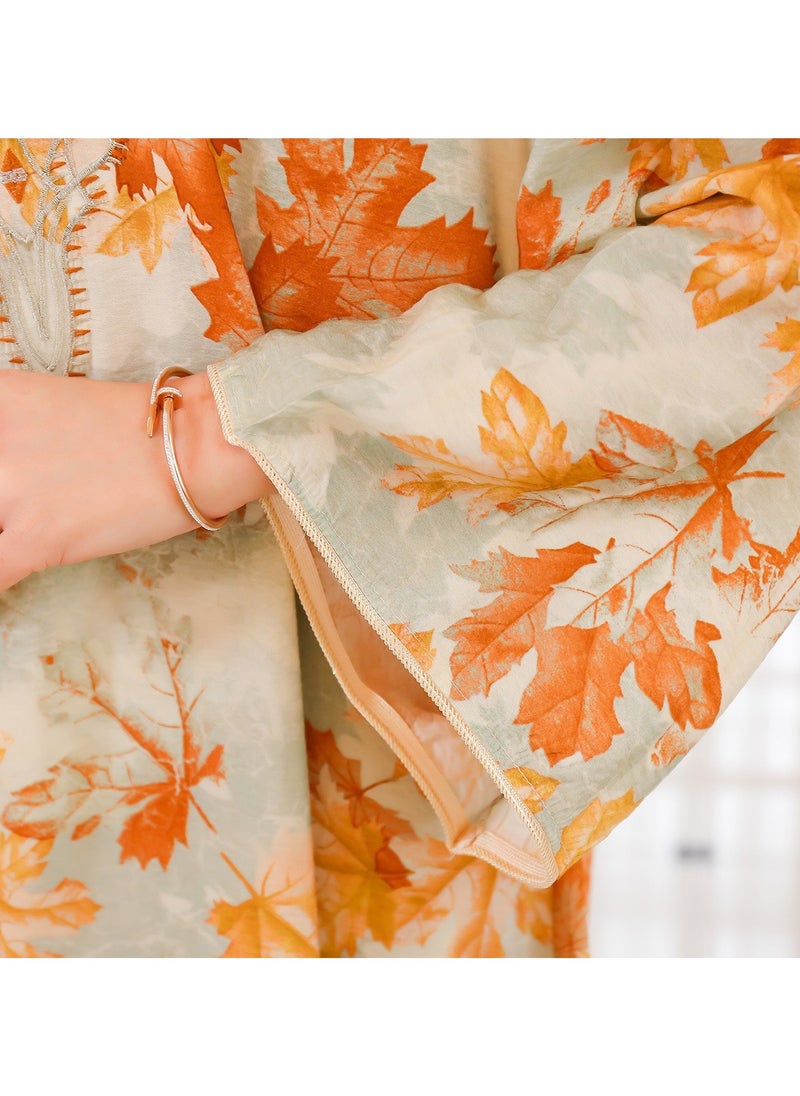 Abaya Summer Printed Robe Dress. Orange Yellow.