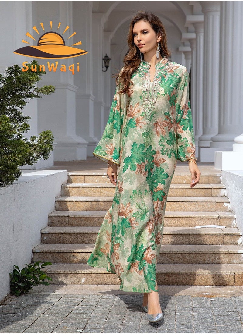 Abaya Summer Printed Robe Dress. Green.