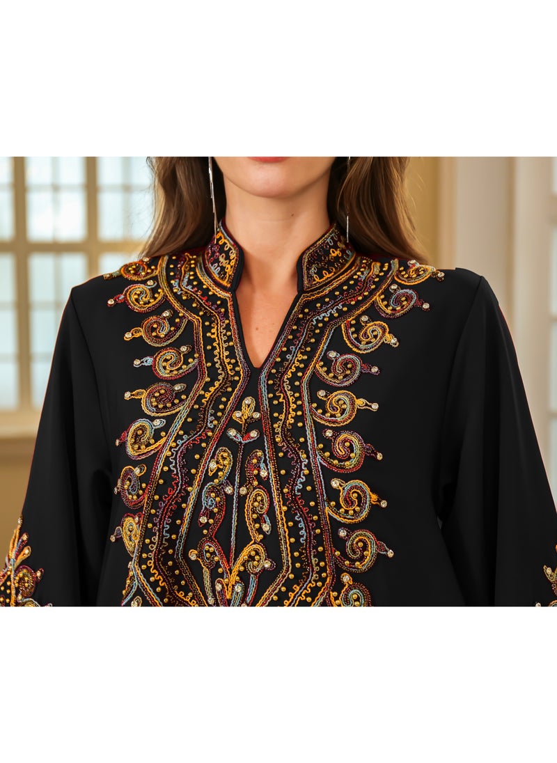 Abaya Rope Embroidery Dress. Black.