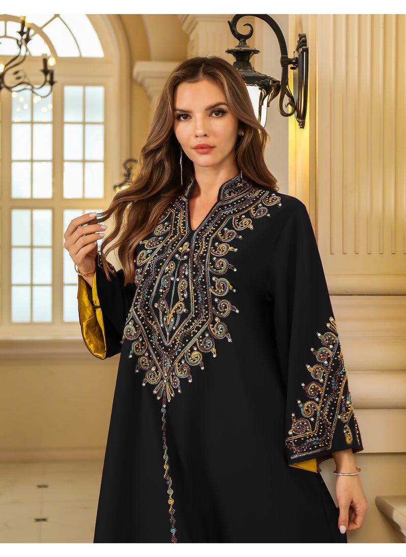 Abaya Rope Embroidery Dress. Black.