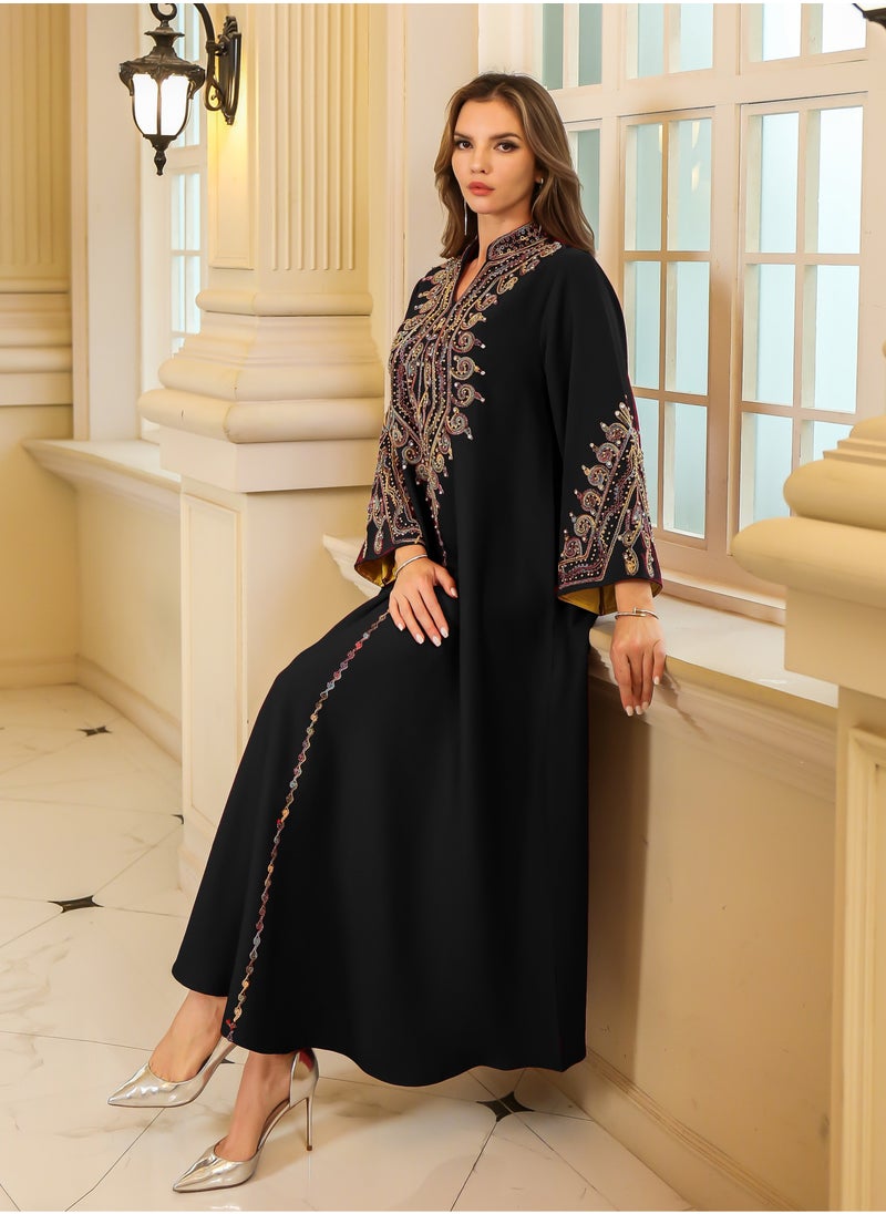 Abaya Rope Embroidery Dress. Black.