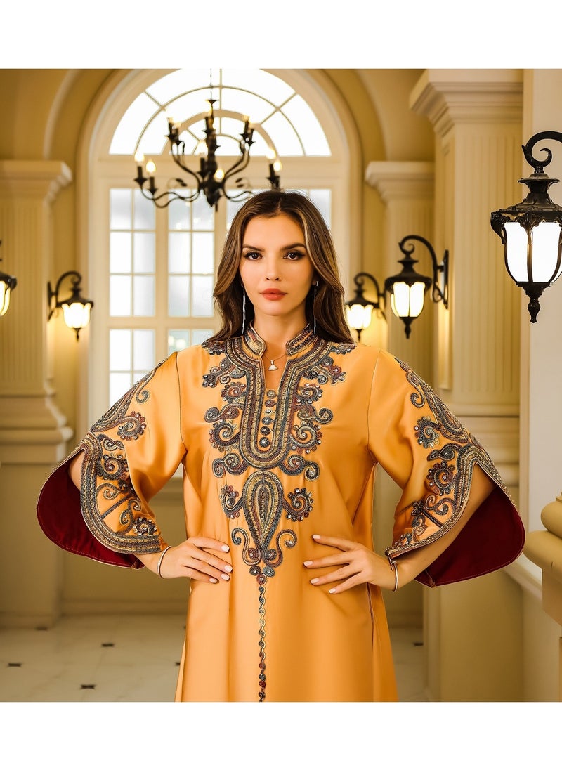 Abaya Rope Embroidery Dress. Orange.