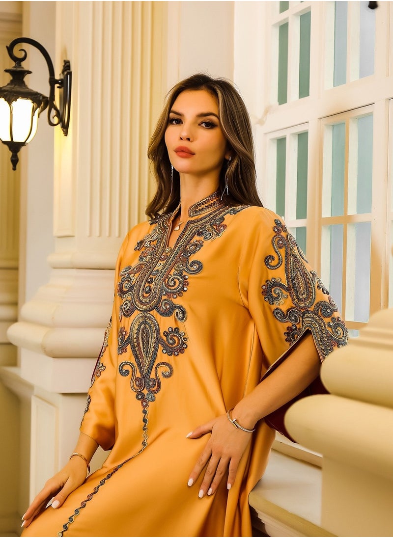 Abaya Rope Embroidery Dress. Orange.