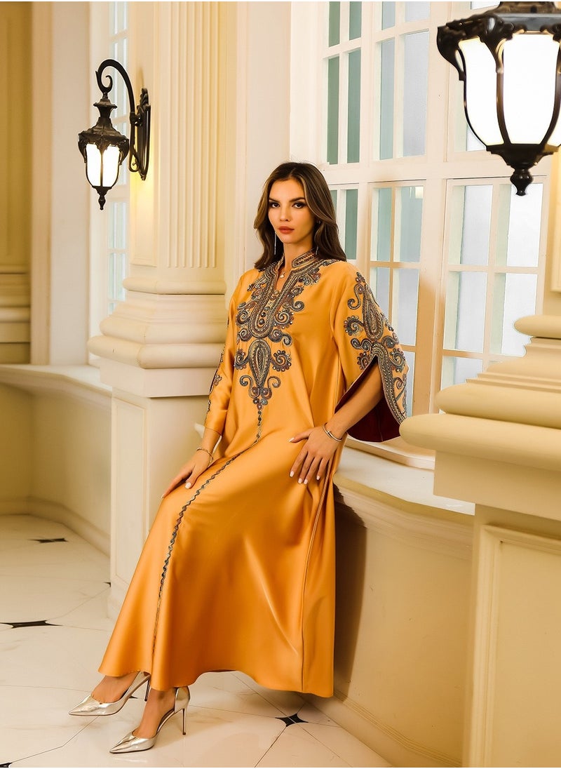 Abaya Rope Embroidery Dress. Orange.