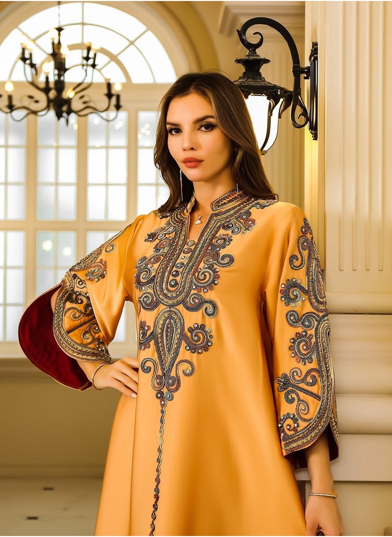 Abaya Rope Embroidery Dress. Orange.