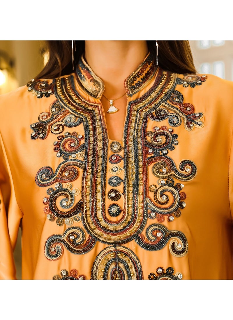 Abaya Rope Embroidery Dress. Orange.