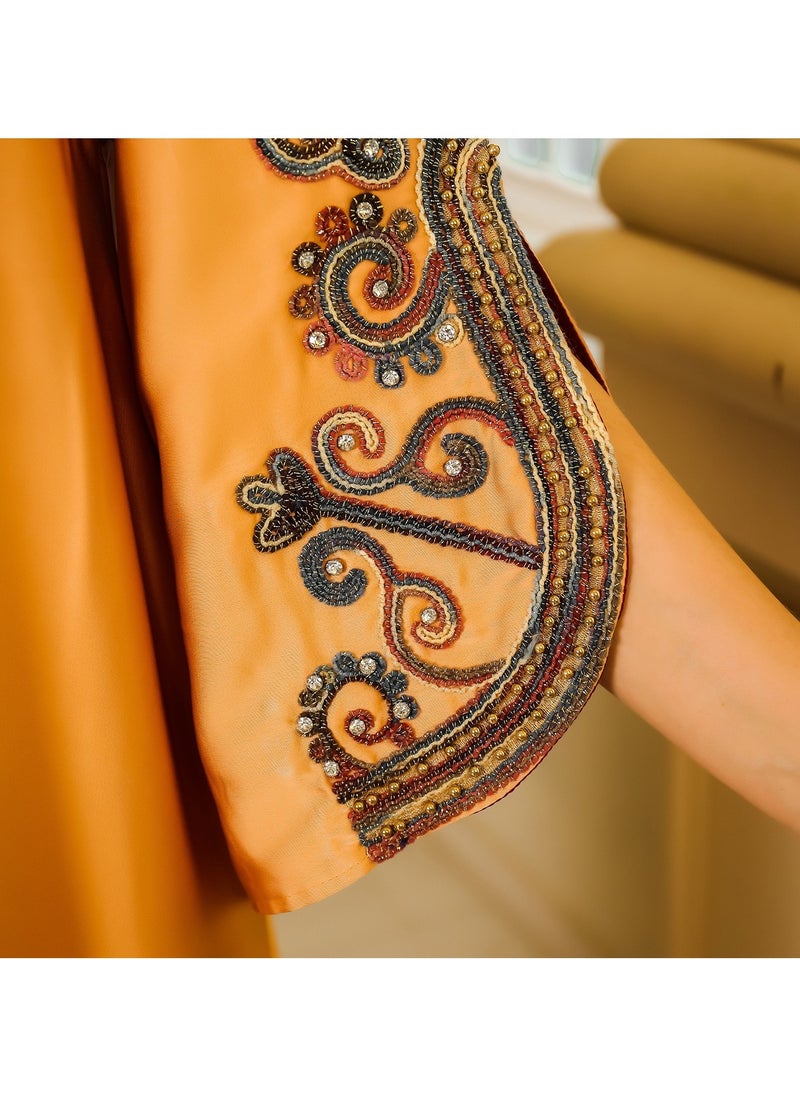 Abaya Rope Embroidery Dress. Orange.