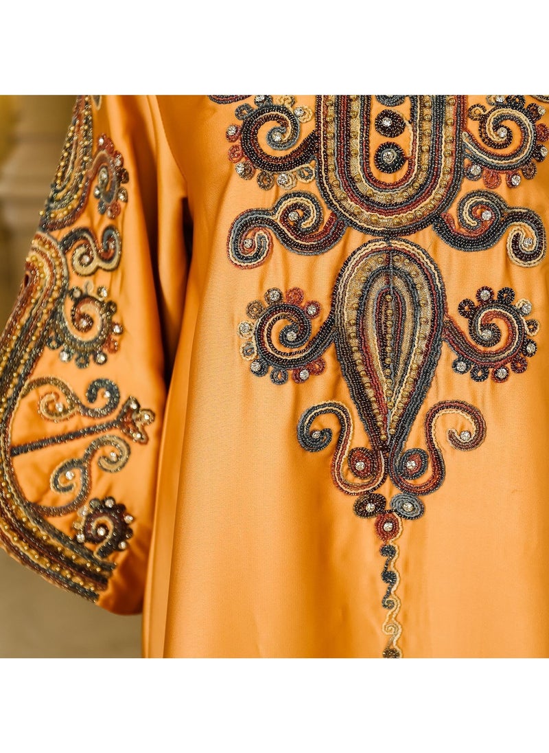 Abaya Rope Embroidery Dress. Orange.