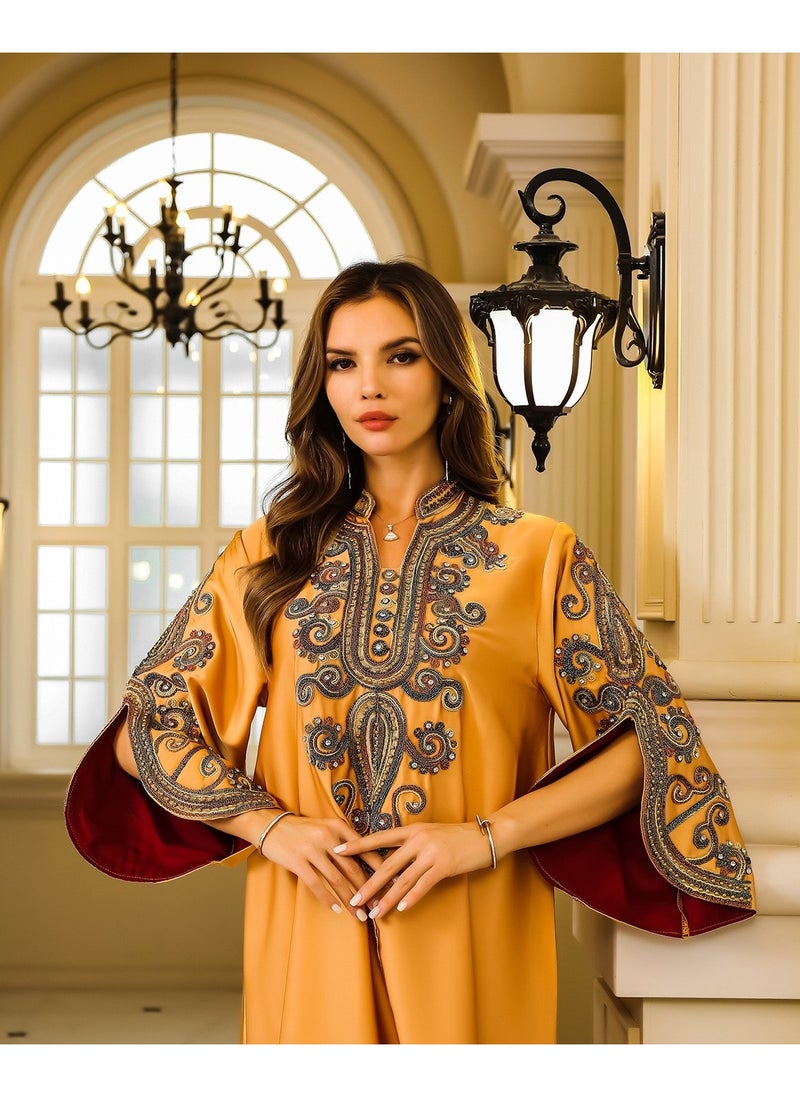 Abaya Rope Embroidery Dress. Orange.