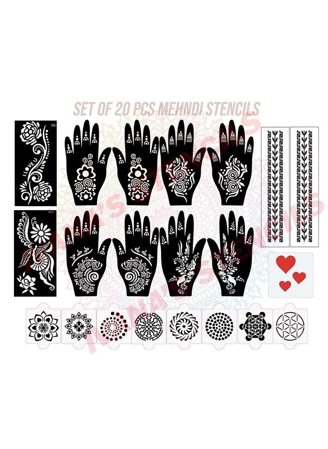 Set Of 20 Pcs Combo Pack, Reusable Mehandi Design Sticker Stencils For Both Hand | Mehendi Stencil Sets Combo | Quick And Easy To Use, For Girls, Women, Kids & Teen, D-2264