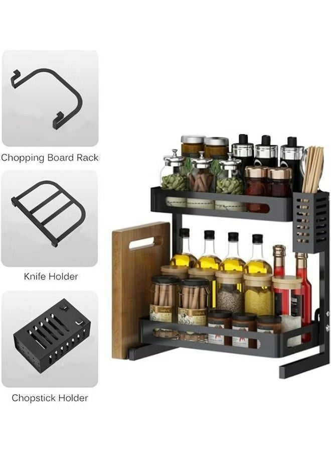 2-Layer Stainless Steel Storage Rack Kitchen Spice Storage Rack, Can Hold Knives, Chopsticks And Cutting Boards, Black