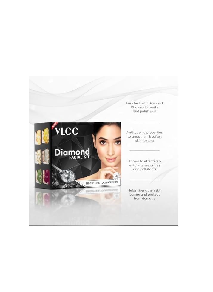 VLCC Diamond Facial Kit - 60g | Skin purifying with Parlour Glow | Improves Skin Elasticity, Brightens and Lightens Patchy Damaged Skin | With Colloidal Diamond, Jojoba Oil, Olive Oil & Aloe Vera.