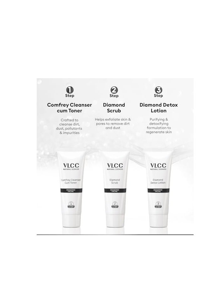 VLCC Diamond Facial Kit - 60g | Skin purifying with Parlour Glow | Improves Skin Elasticity, Brightens and Lightens Patchy Damaged Skin | With Colloidal Diamond, Jojoba Oil, Olive Oil & Aloe Vera.