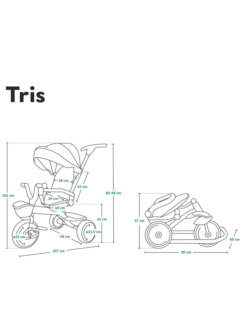 Tris Plus 2in1 Folding Tricycle and Stroller for Children 9 Months to 25kg, 360° Rotating Seat, Adjustable Parent Handle