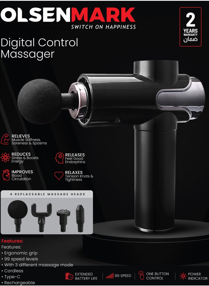 Olsenmark Rechargeable Massager OMM4123, Digital Control and Display, Cordless, Easy One Touch Control, with an Ergonomic Grip, 99 Speed Levels, 3 Modes, with Power Indicator, 4 Replaceable Heads, for Full-Body, Black, 2 Years Warranty